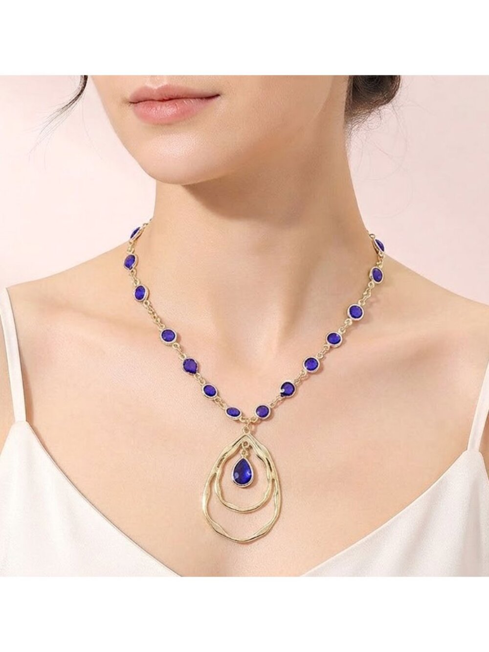 Tigerstars Blue Teardrop Hoop Pendant Faceted Round Stone Bezel Link Necklace